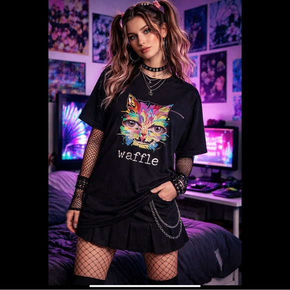 Waffle Cat Graphic T-Shirt Black Alt Y2K Internetcore Oversized Tee - Picture 2 of 5
